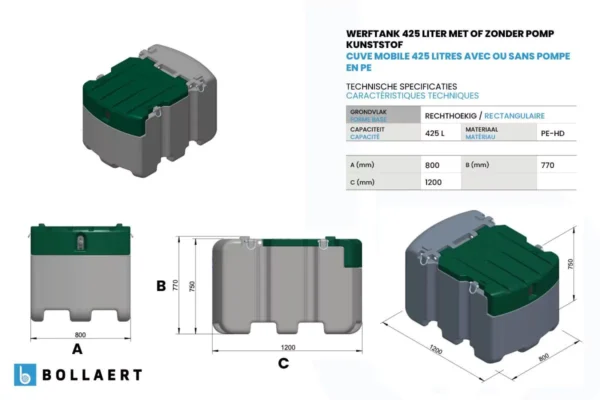 Citerne mazout mobile PE-HD - 425 litres - avec ou sans pompe 3